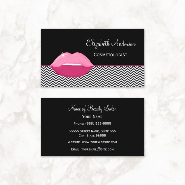 Sminkkonstnär med rosa läppar visitkort (Girly Pink Lips Chevron Cosmetologist Business Cards)
