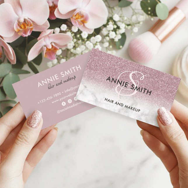 Sminkmonogram marmorerad roséguld glitter Ombre Visitkort (Skapare uppladdad)