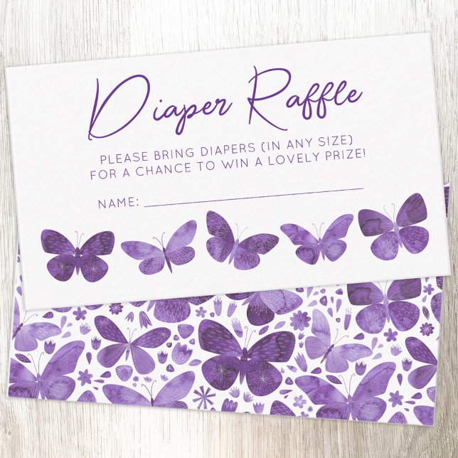 Smittfluga, babystölder tilläggskort (Modern watercolor purple butterfly art gender neutral baby shower diaper raffle enclosure card)