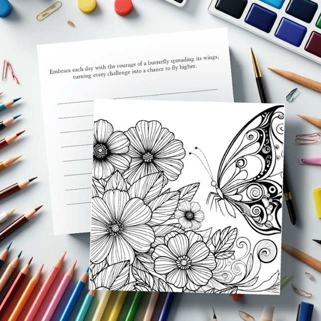 Smittflygfärgskort med Journal Inbjudningar (Butterfly coloring pages for adult women with flowers and journaling on the back)