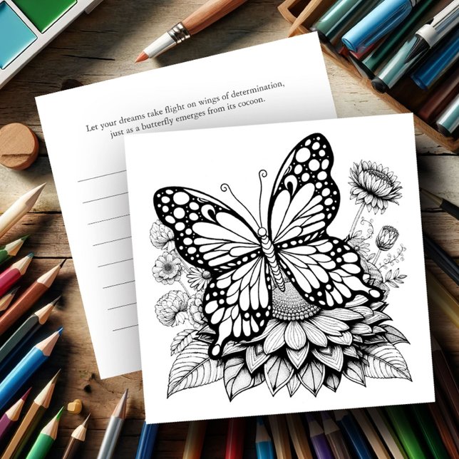 Smittflygfärgskort med Journal Inbjudningar (Butterfly coloring pages for adult women with journaling card on back.)
