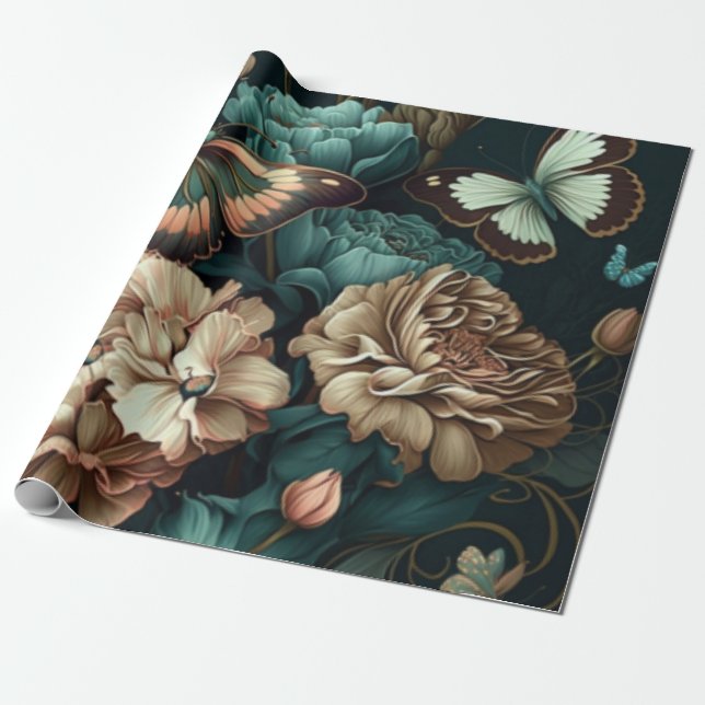 Smöbler och blommor mörkens klassiska utformning presentpapper (Utrullad)