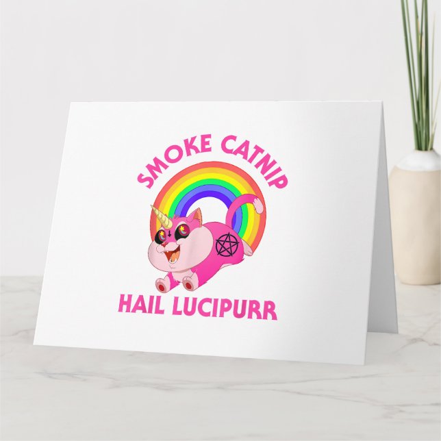 Smoke Catnip Hail Lucipurr, Funny Satan Cat Unicor Kort (Framsida)
