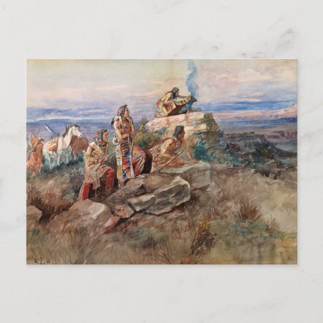 Smoke Signal, 1896 av Charles Marion Russell Vykort (Framsida)