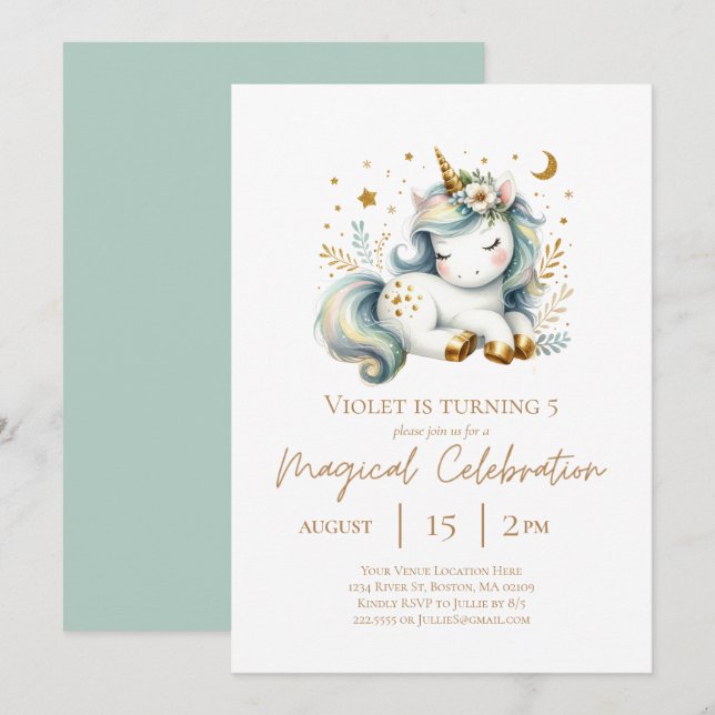Smokey Blue Dreamy Cute Unicorn Birthday Inbjudningar (Fram/baksida)