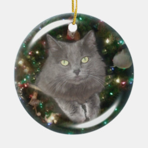 Smokey grå katt julgransprydnad keramik