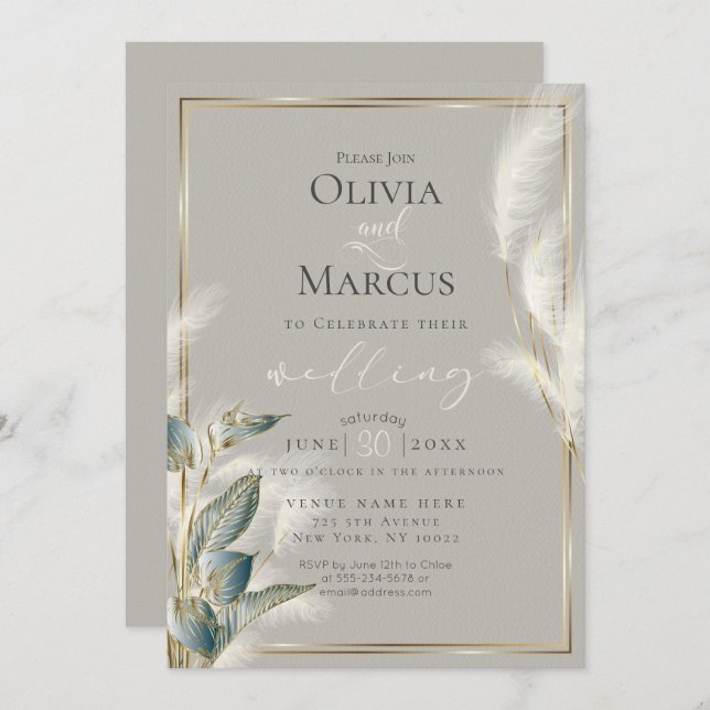 Smokey Teal Anthurium och Feathery Pampas Grass Inbjudningar (Fram/baksida)