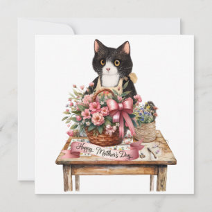 Smokig katt arrangerar blommor på mors dag  julkort