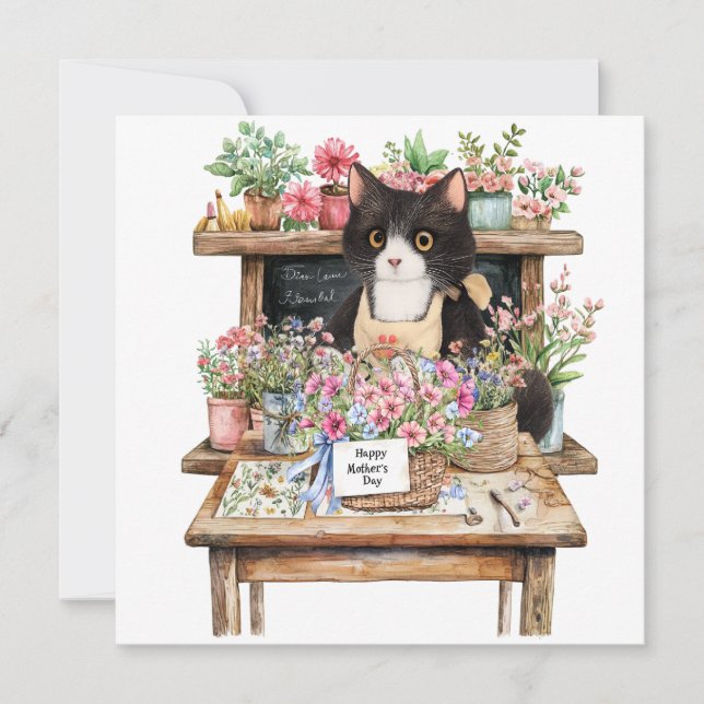 Smokig katt som arrangerar blommor på mors dag  julkort (Framsida)