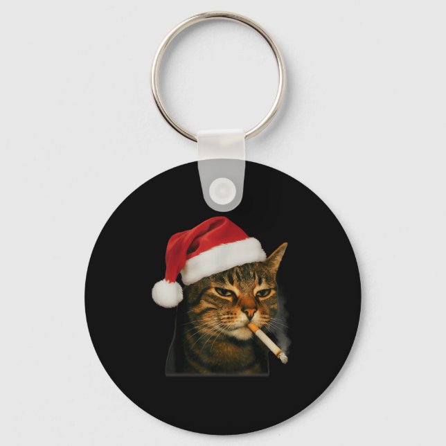 Smoking Cat Cigarette Christmas Santa Hat Cat Meme Nyckelring (Framsida)