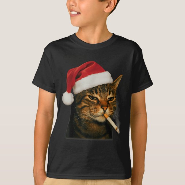 Smoking Cat Cigarette Christmas Santa Hat Cat Meme T Shirt (Framsida)