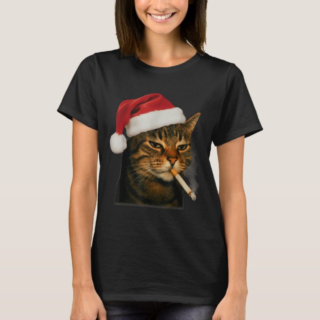 Smoking Cat Cigarette Christmas Santa Hat Cat Meme T Shirt (Framsida)