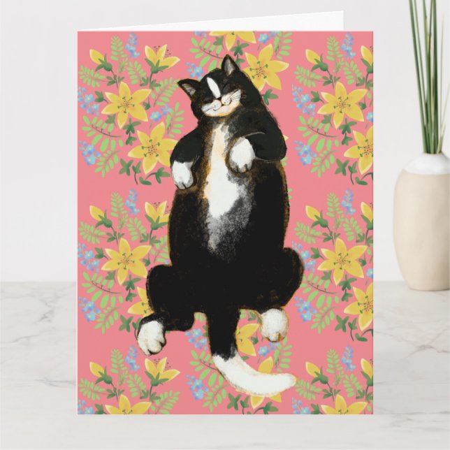 Smoking katt sover på blommig säng kort (Framsida)