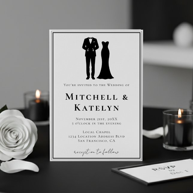 Smoking & klänning Minimal Border Vit Bröllop Inbjudningar (Tuxedo & Dress Minimal Border Wedding Invitation
)