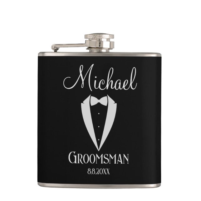 smoking med fluga bröllopsman svart och vit fickplunta (Framsidan)