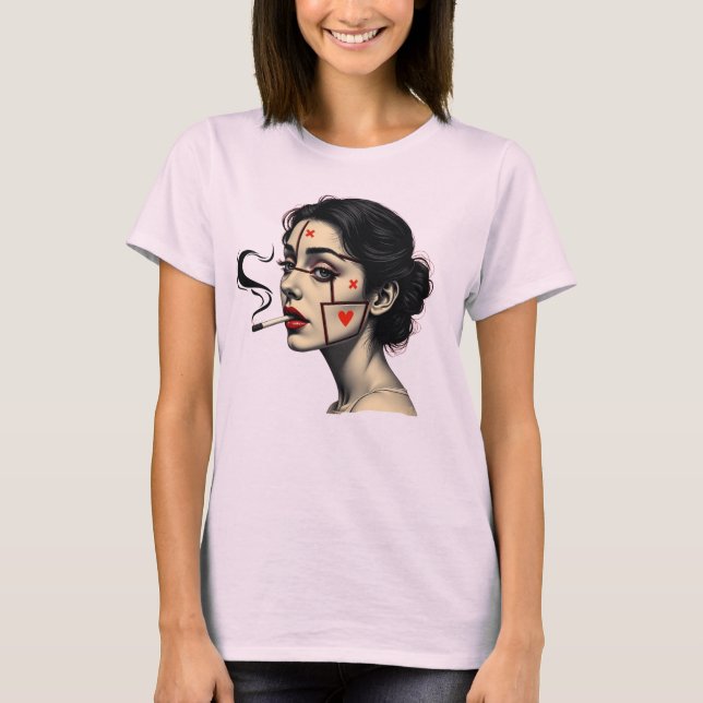 Smoking Woman Art with Heart Icon Face T Shirt (Framsida)
