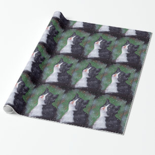 Smokingkatt som tittar upp på snö, olje- presentpapper