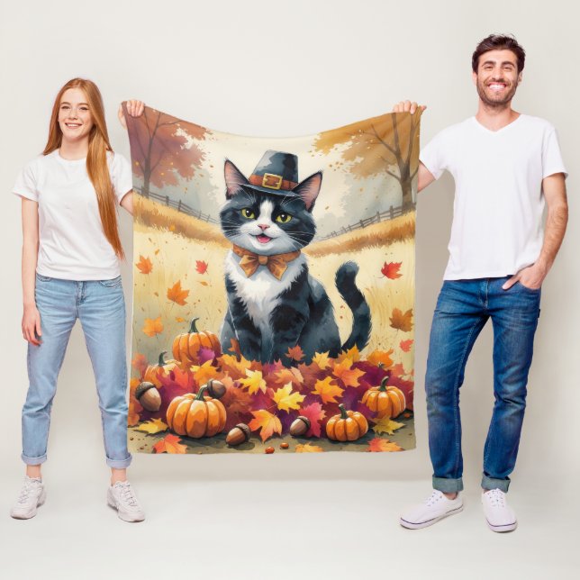 Smokingskatten i höstlöv Thanksgiving-konst Fleecefilt (På plats)