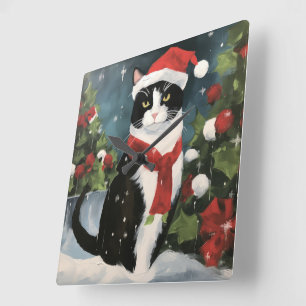 Smokingsoffa Katt i Snö Jul Fyrkantig Klocka