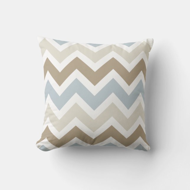 Smoky Blue Grått, Tan och Brown Chevron Mönster Kudde (Framsida)