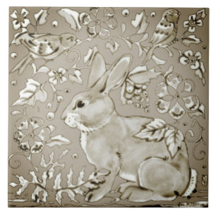 Smoky Grått Neutralt Bunny Rabbit Bird Blommigt L Kakelplatta