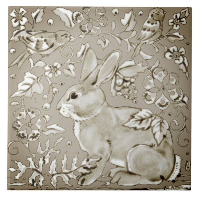Smoky Grått Neutralt Bunny Rabbit Bird Blommigt Lö Kakelplatta (Framsidan)