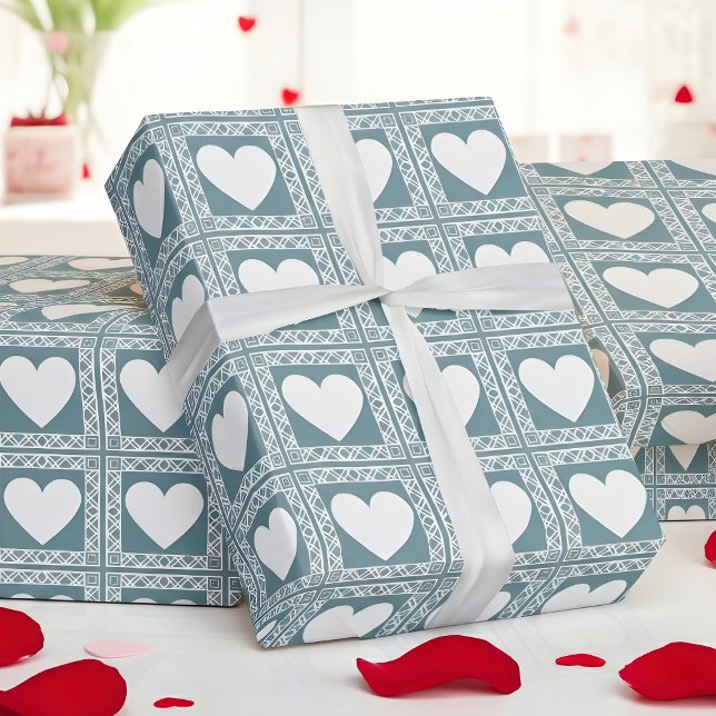 Smoky Teal Geometric Hearts Valentine Gift Presentpapper (Skapare uppladdad)