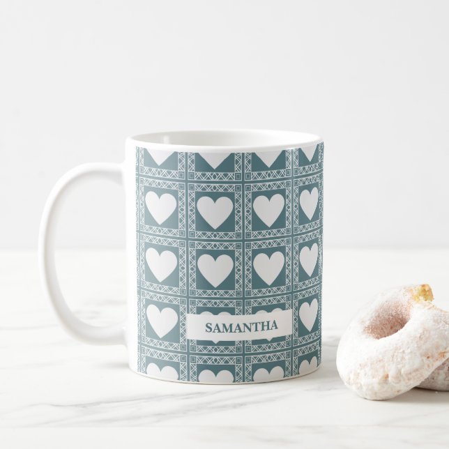 Smoky Teal Geometric Hearts Valentine’s Gift Kaffemugg (Med munk)