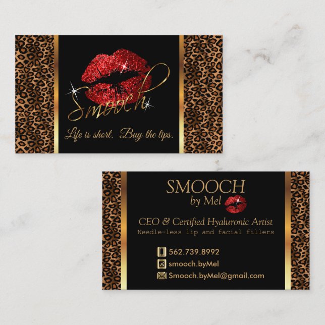 Smooch - Makeup Artist with Leopard and Red Läppar Visitkort (Fram/baksida)