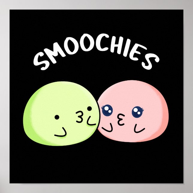 Smoochies Funny Kissing Mochi Pun Mörk BG Poster (Framsidan)