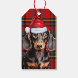 Smooth Coat Dachshund Dog Red Plaid Christmas Presentetikett