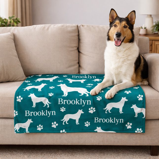 Smooth Collie Personalized Dog Blanket Deep Teal Fleecefilt (Collie - smooth hair personalized blanket with collie name and favorite color. Deep Teal shown here.)
