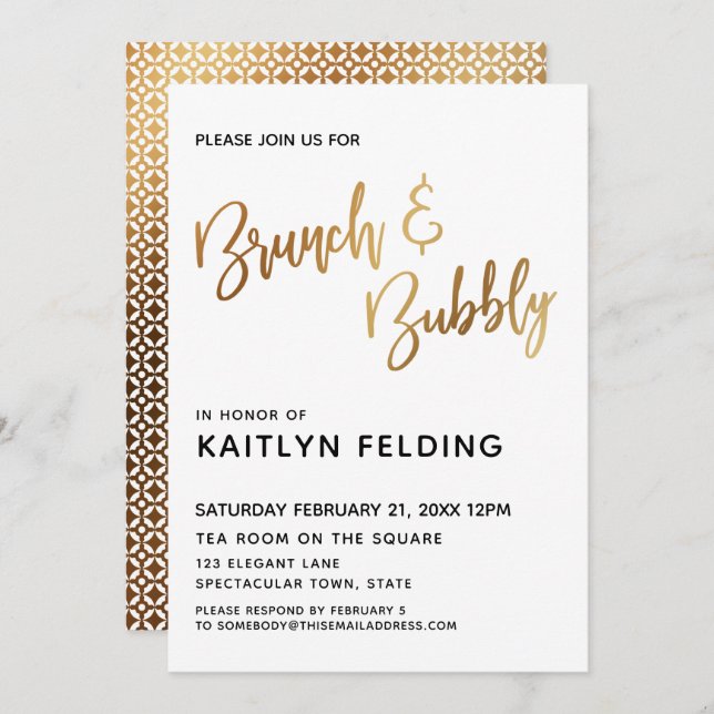 Smooth Guld Ombre Brunch & Bubly Typography Inbjudningar (Fram/baksida)