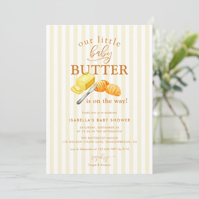 Smör Gula Ränder Baby Shower Inbjudningar (Stående Fram)
