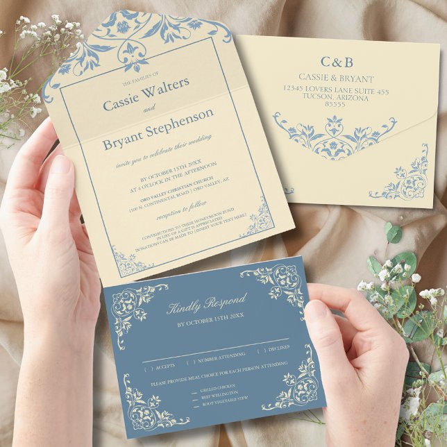 Smör Gult Elegant allt i en bröllopsinbjudan (elegant butter yellow and blue romantic all in one wedding invitation for vintage floral events)