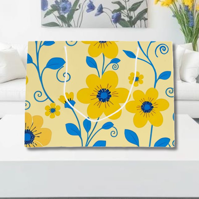 Smör, Gult och blå Blommigt (Butter Yellow and Blue Floral Large Gift Bag)