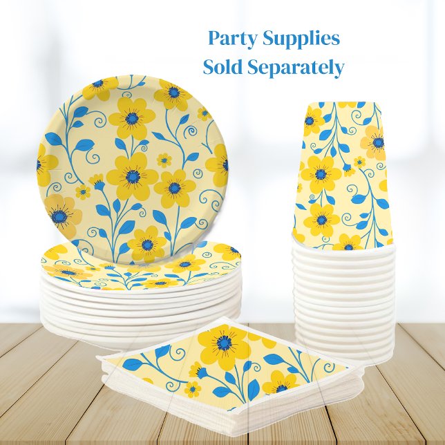 Smör, Gult och blå Blommigt Pappersservett (Butter Yellow and Blue Floral-Party Supplies-Plates Napkins and Cups)