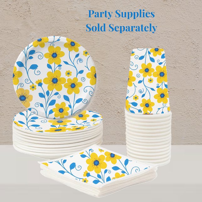 Smör, Gult och blå Blommigt Pappersservett (Butter Yellow and Blue Floral Pattern-Party Supplies paper plates napkins and cups)