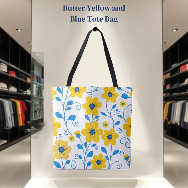 Smör, Gult och blå Blommigt Tygkasse (Butter Yellow and Blue Floral Tote Bag in White)