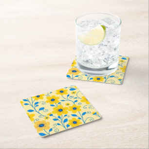 Smör, Gult och blå Blommigt Underlägg Papper Kvadrat