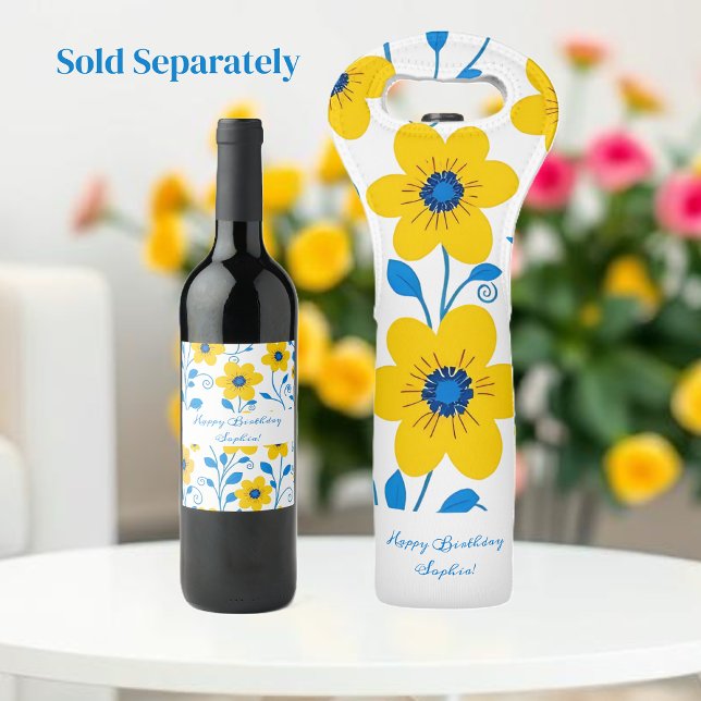 Smör, Gult och blå Blommigt Vinflaska Etikett (Butter Yellow and Blue Floral Bottle Label in White)