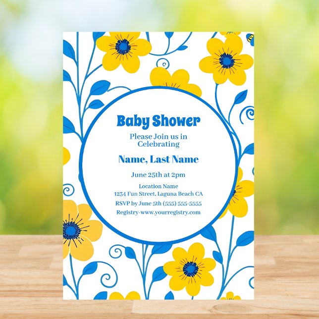Smör, Gult och blå Blommigtar - Babykläder Inbjudningar (Butter Yellow and Blue Florals-Birthday Invitation in White)