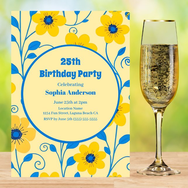 Smör Gult och blå Blommigtar-födelsedagsinbjudan Inbjudningar (Butter Yellow and Blue Florals-Birthday Invitation )