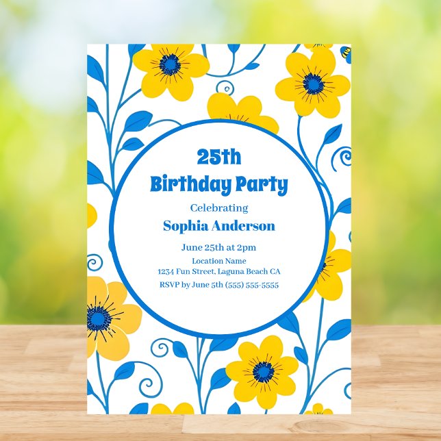 Smör Gult och blå Blommigtar-födelsedagsinbjudan Inbjudningar (Butter Yellow and Blue Florals-Birthday Invitation in White)