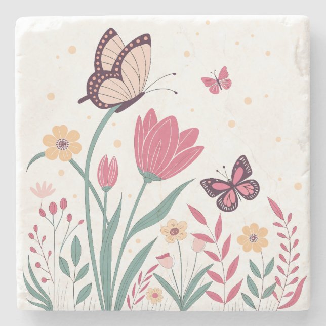 Smör med Rosa Tulips och Gult Daisy Stenunderlägg (Framsidan)