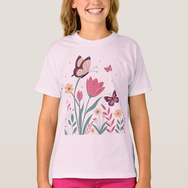 Smör med Rosa Tulips och Gult Daisy T Shirt (Framsida)