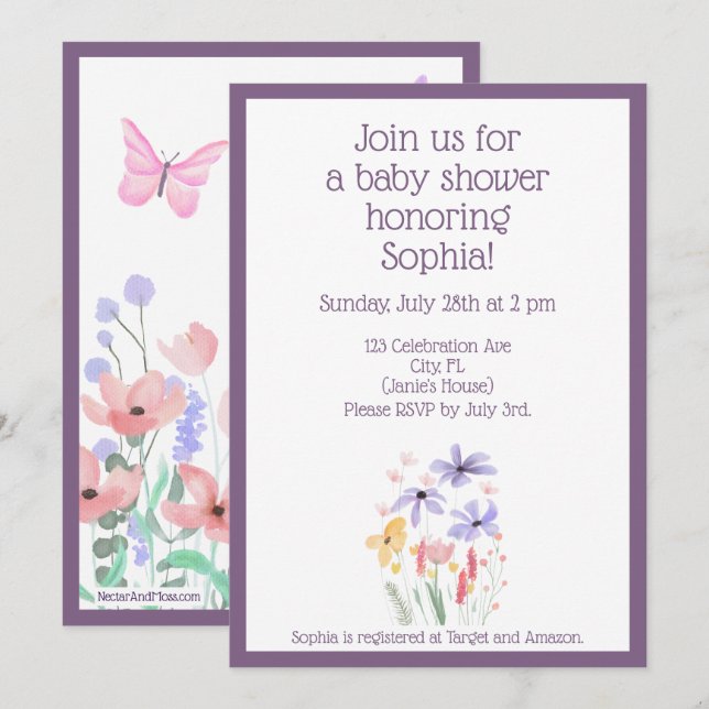 Smör och blommor Förenklad babykläder Inbjudningar (Fram/baksida)