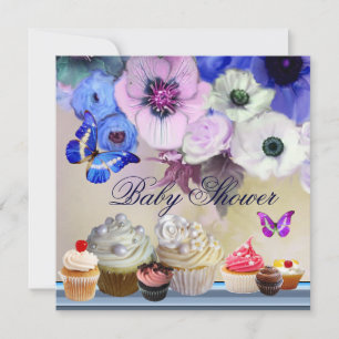 SMÖR,RO,BLOMMOR,MUFFINSAR Blått babyskor Inbjudningar