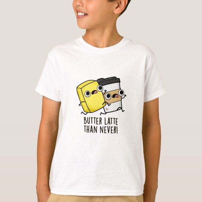 Smör sen än aldrig funny livsmedelsrund t shirt (Framsida)