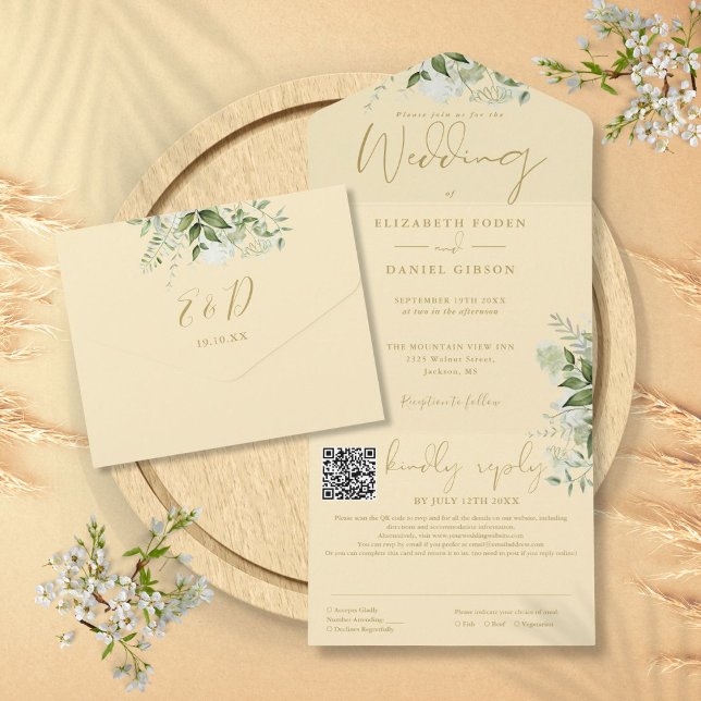 Smörblomma Gul Grönska Monogram QR-kod Bröllop (Buttercup Yellow Greenery Monogram QR Code Wedding All In One Invitation)